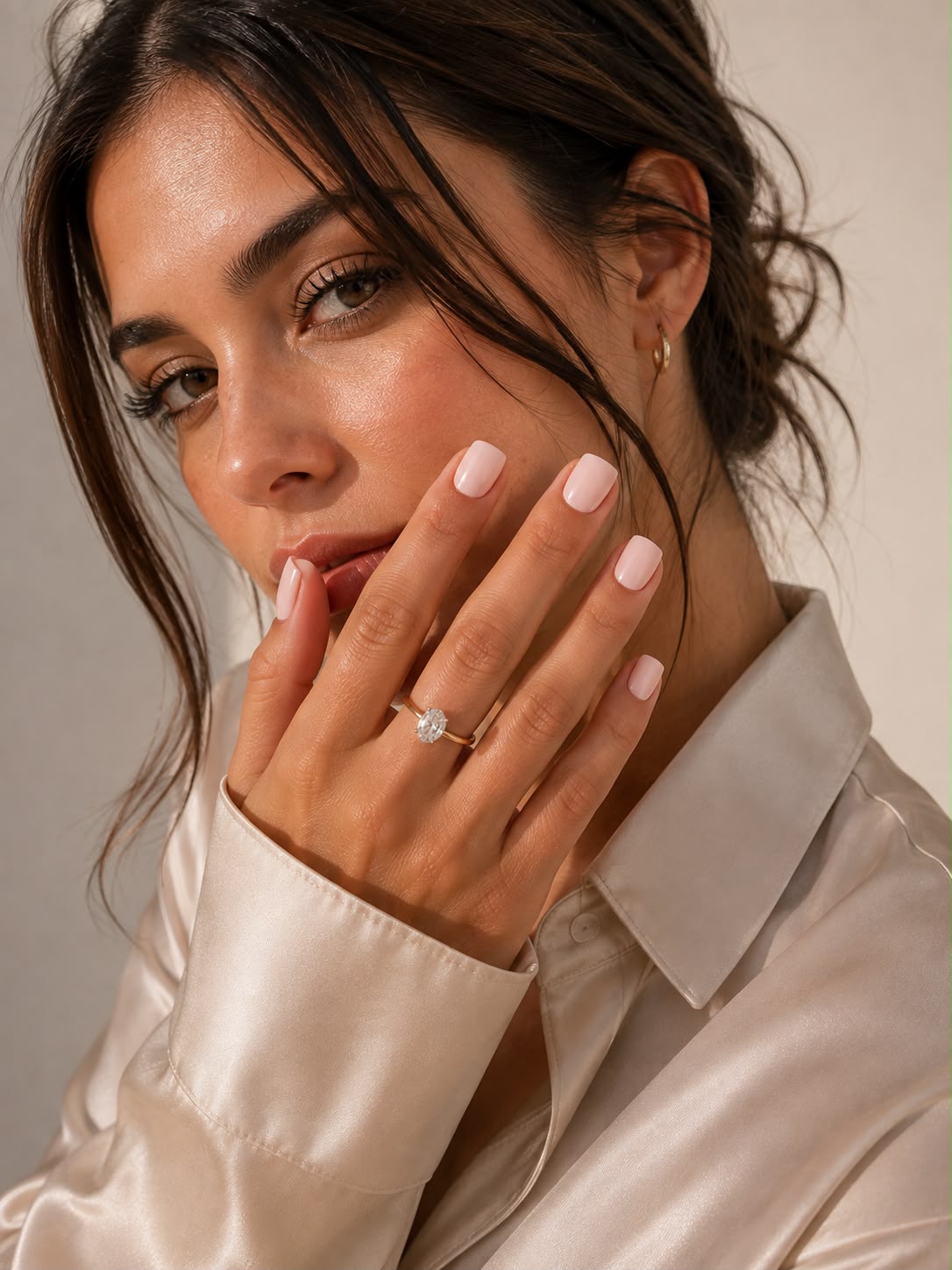 Model mit extra kurzen, quadratischen, hellrosa Press-On-Nägeln in der Farbe „Baby Pink“ von Aimee STHLM