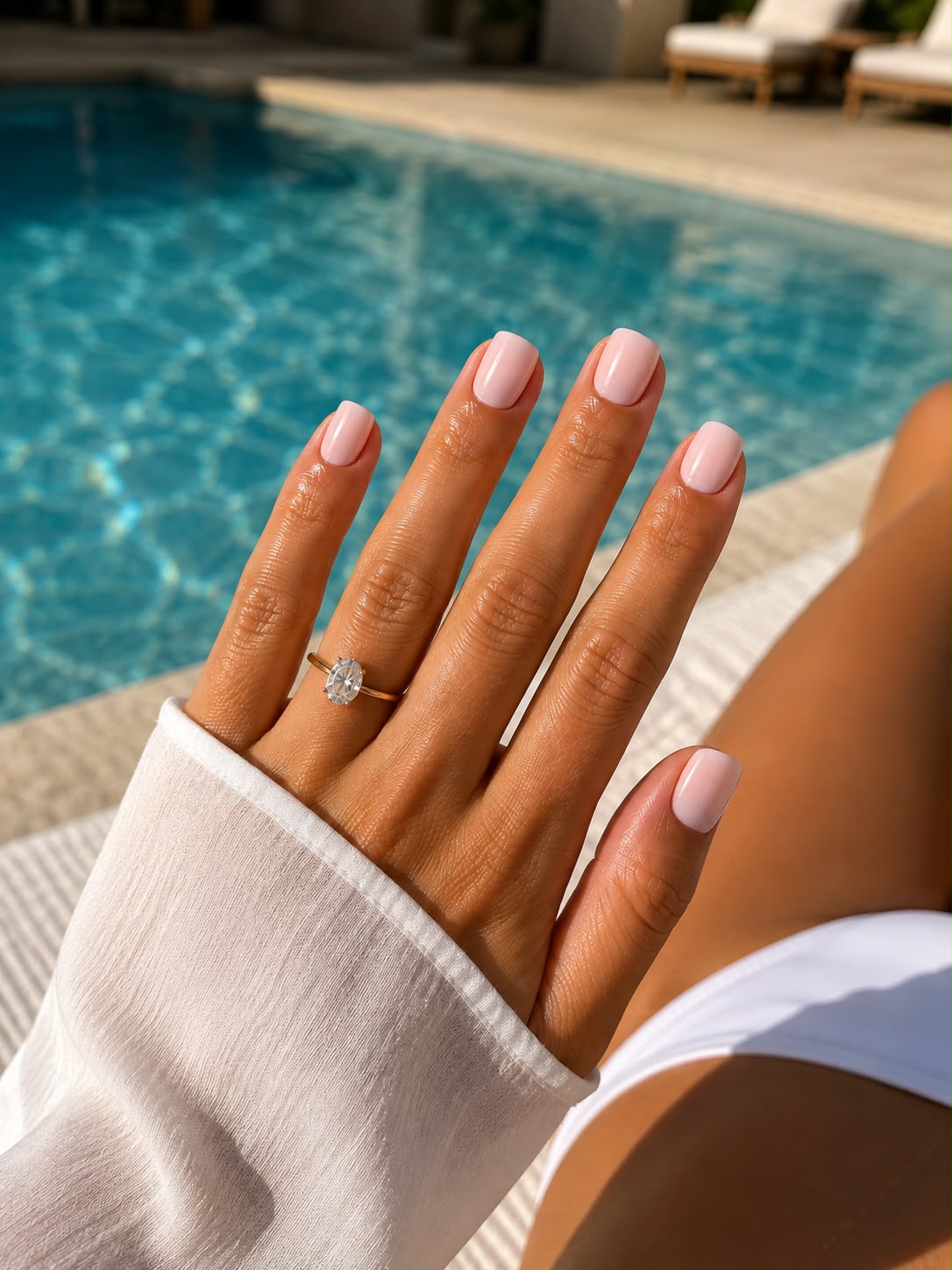 Baby Pink – extra kurze, hellrosa Press-on-Nägel, die am Poolrand von Aimee STHLM getragen werden