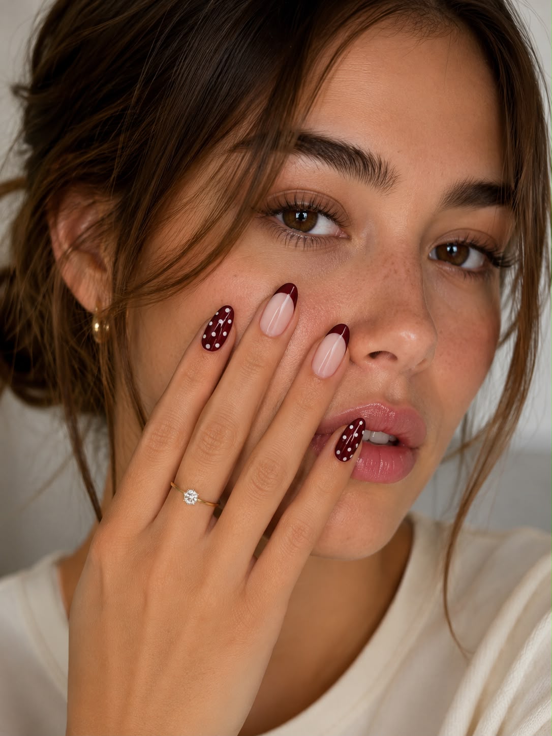 Model in weißem Hemd, das kurze, mandelförmige „Cherry Kiss“-Press-on-Nägel mit Punkten von Aimee STHLM trägt