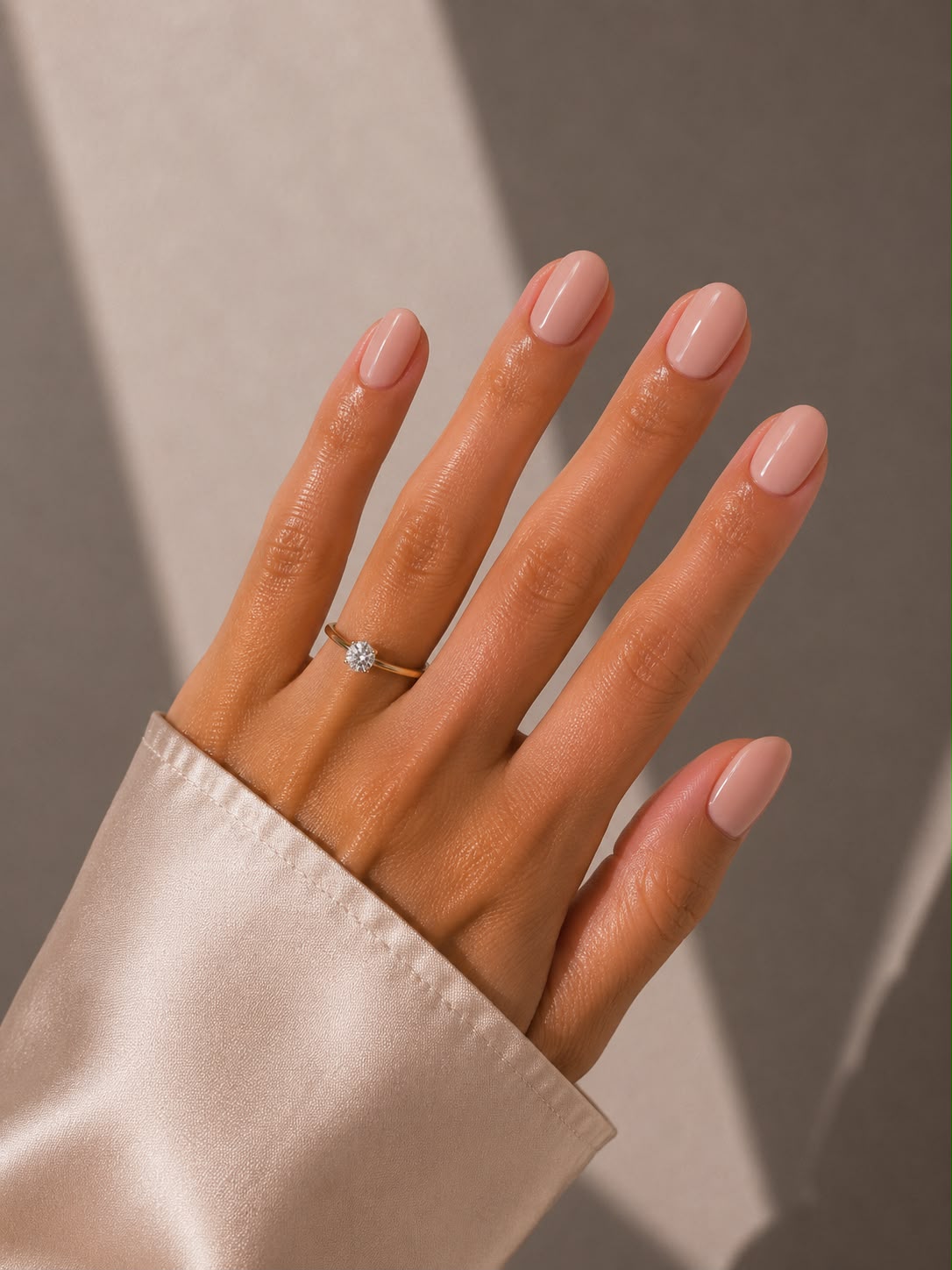Rosy Beige – Kurze, ovale (Short Oval) rosa-beige Press-on-Nägel mit glänzendem Finish, von Hand aufgetragen, von Aimee STHLM