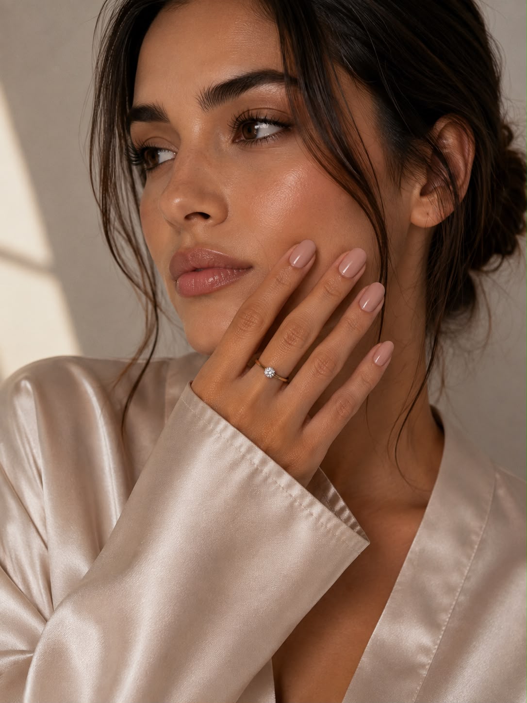 Model mit kurzen, ovalen „Rosy Beige“-Press-on-Nägeln in einem zarten Rosa-Beige-Ton von Aimee STHLM