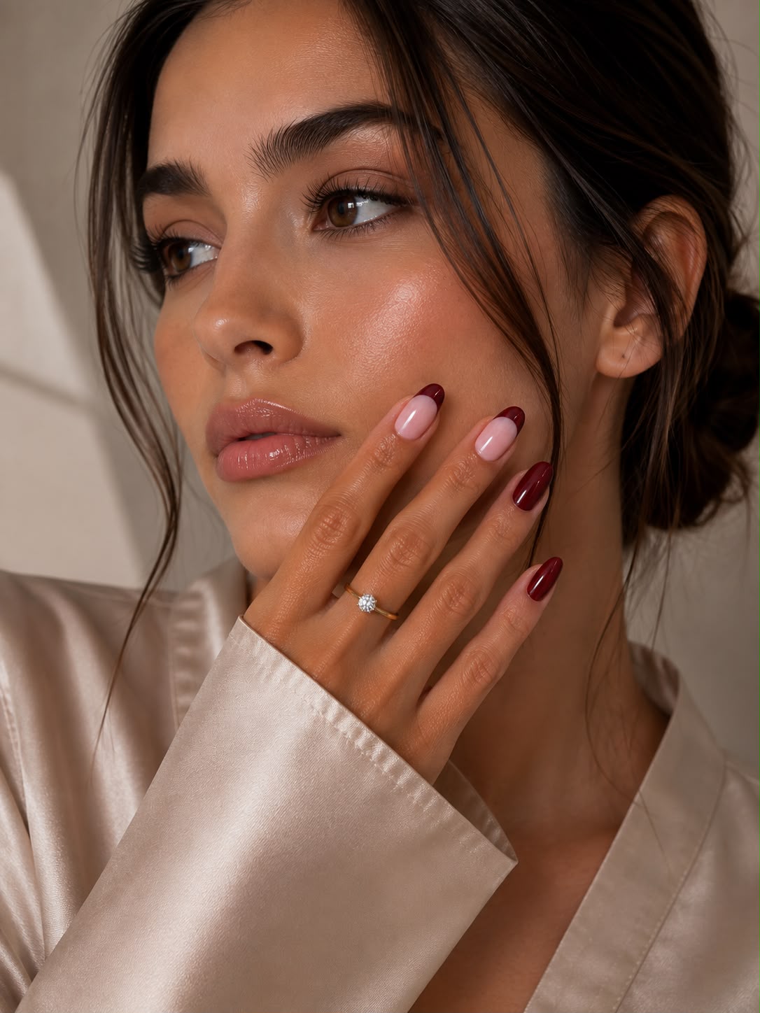 Set featuring Velvet Vibe Almond Short wine-red press-on nails from Aimee STHLM