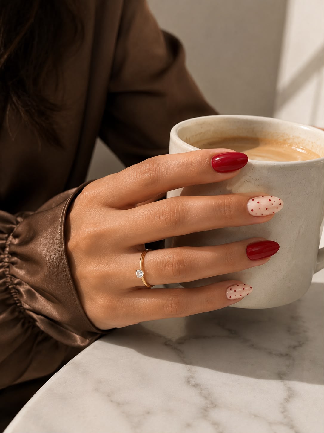 Model med kaffe-motiv: Vintage Rough – korte, ovale press-on-negle med retrodesign fra Aimee STHLM