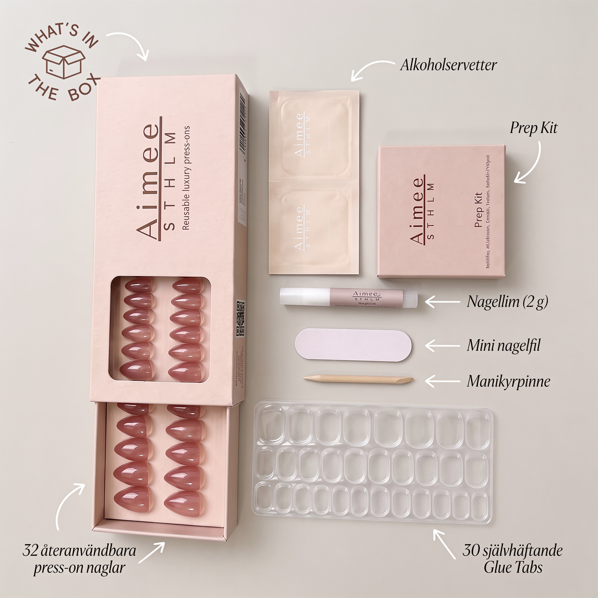 Lieferumfang – Aimee STHLM Press-on-Nägel mit Nagelkleber, Klebestreifen, Vorbereitungsset, Nagelfeile und Manikürestab