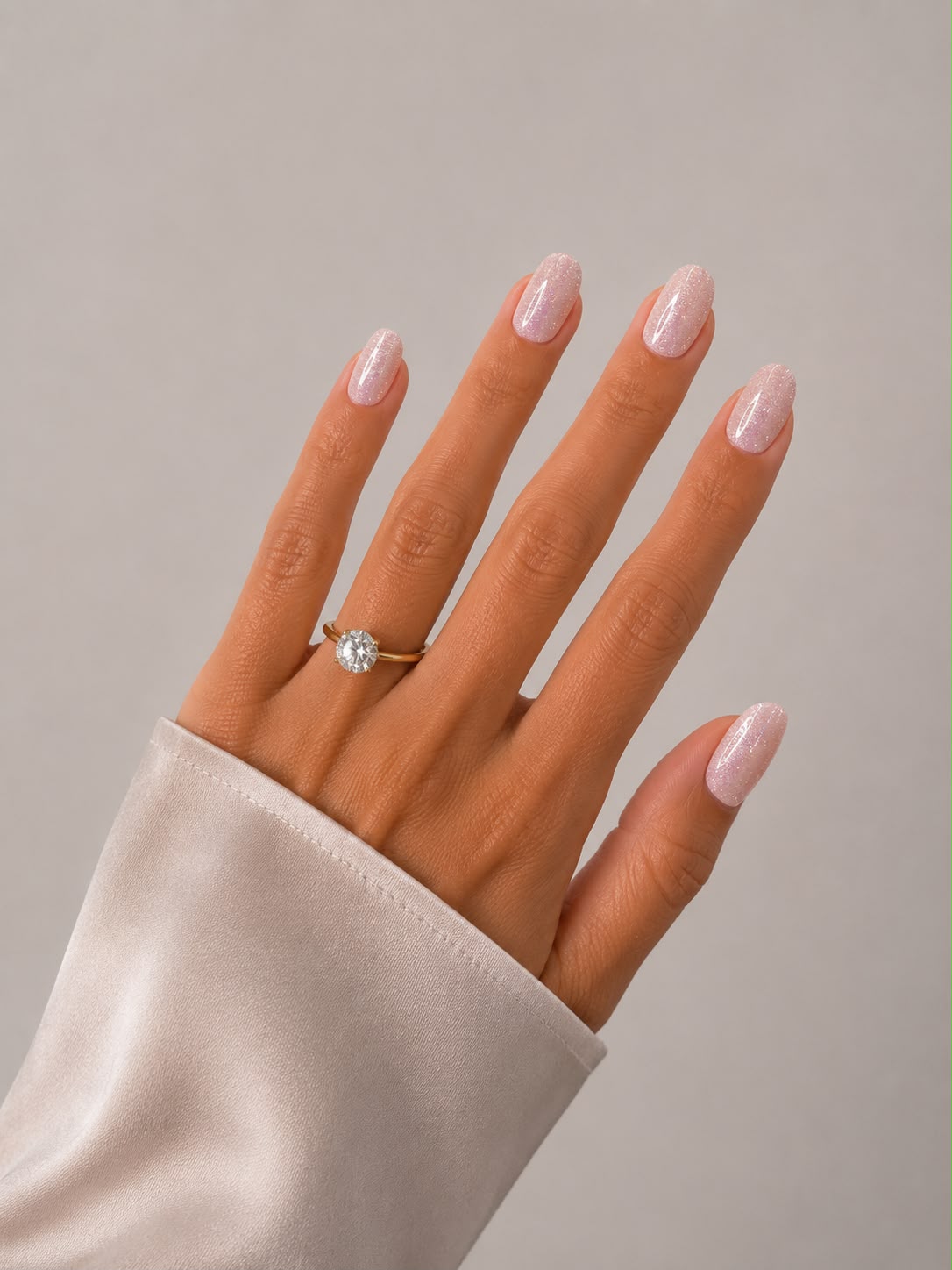 Champagne Cheers – Extra kurze, ovale (Extra Short Oval), hellrosa Cat-Eye-Klebe-Nägel mit Schimmer, von Hand aufgetragen, von Aimee STHLM
