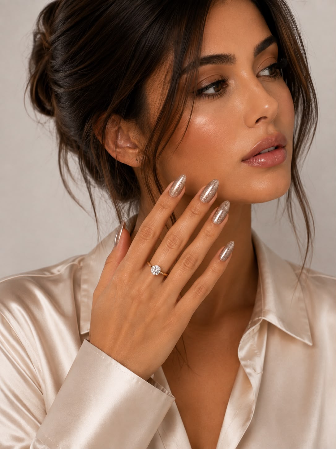 Model mit kurzen, mandelförmigen „Champagne Frost“-Cat-Eye-Klebe-Nägeln von Aimee STHLM