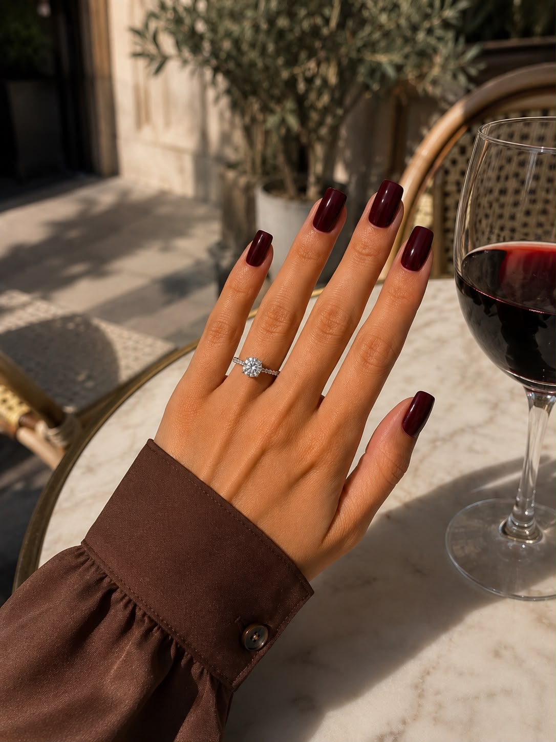 Eine Hand im natürlichen Sonnenlicht, an der kurze, quadratische, dunkelrote „Cherry Wine“-Press-on-Nägel von Aimee STHLM getragen werden