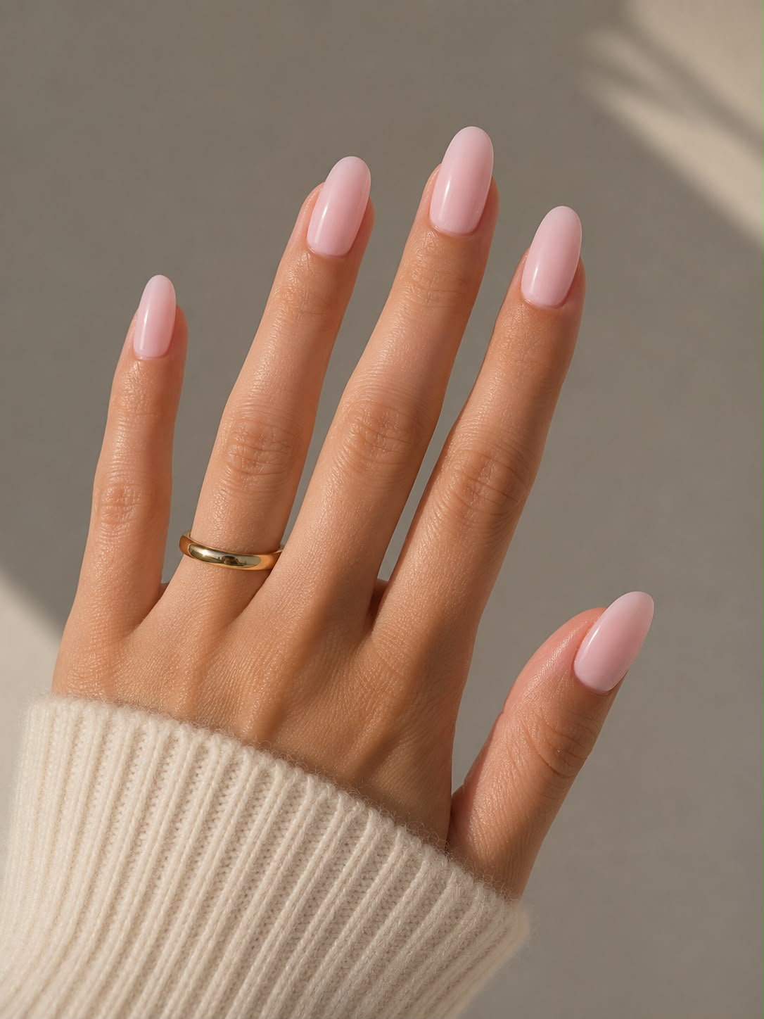 Cloud Pink – Kurze ovale (Short Oval) hellrosa Press-on-Nägel mit glänzendem Finish, aufgebracht auf der Hand „Oval Short“ von Aimee STHLM