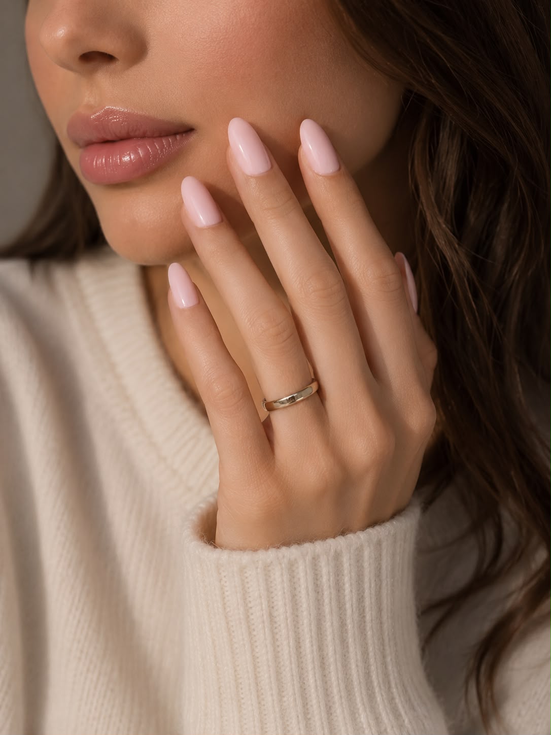Hand in einem Strickpullover, an der die rosa „Cloud Pink“-Press-on-Nägel in der Form „Short Oval“ von Aimee STHLM angebracht sind