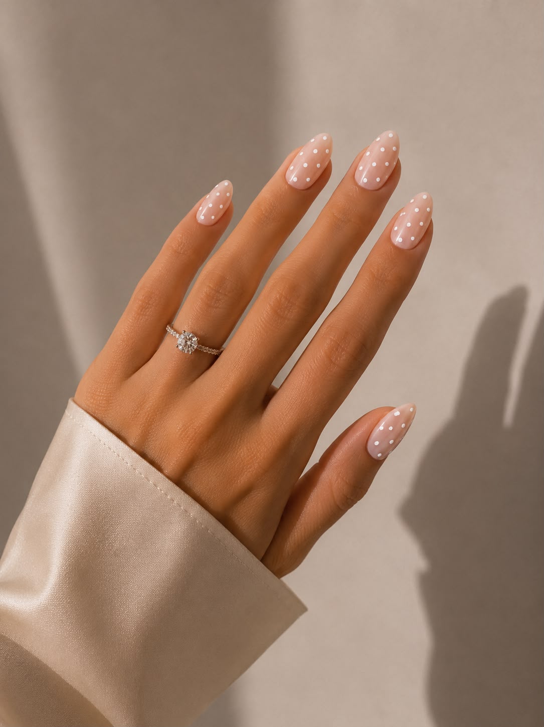 Dew Drops – Kurze, mandelförmige (Short Almond), zart gemusterte Press-on-Nägel mit glänzendem Finish, von Hand aufgetragen, von Aimee STHLM