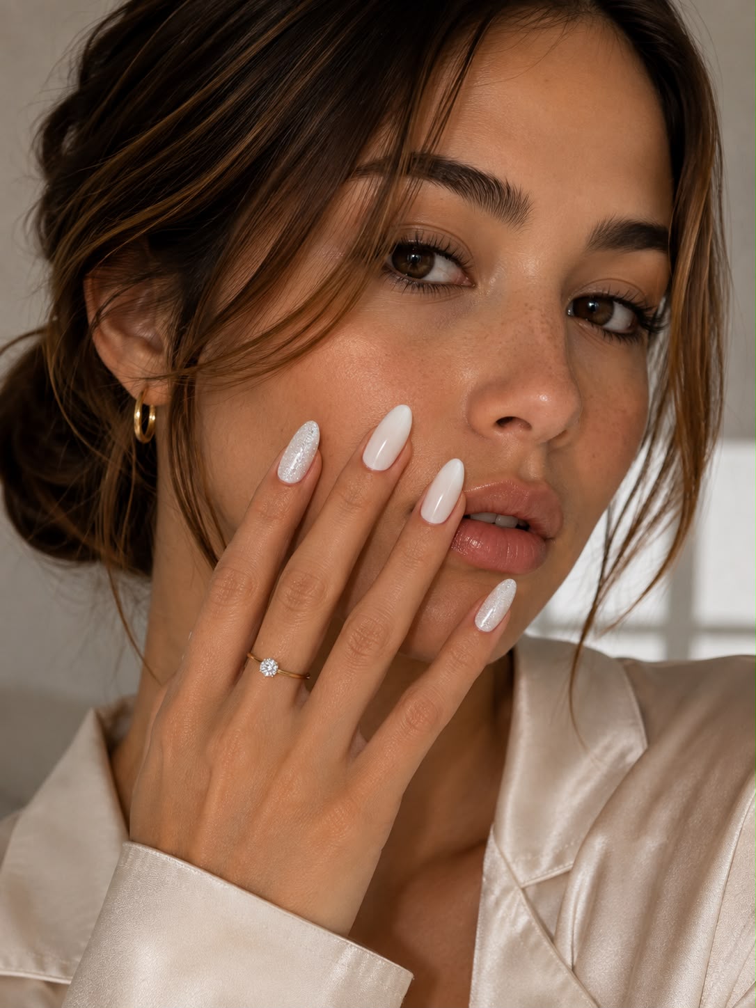 Model mit kurzen, mandelförmigen, glitzernden „Glazed Glow“-Press-on-Nägeln von Aimee STHLM