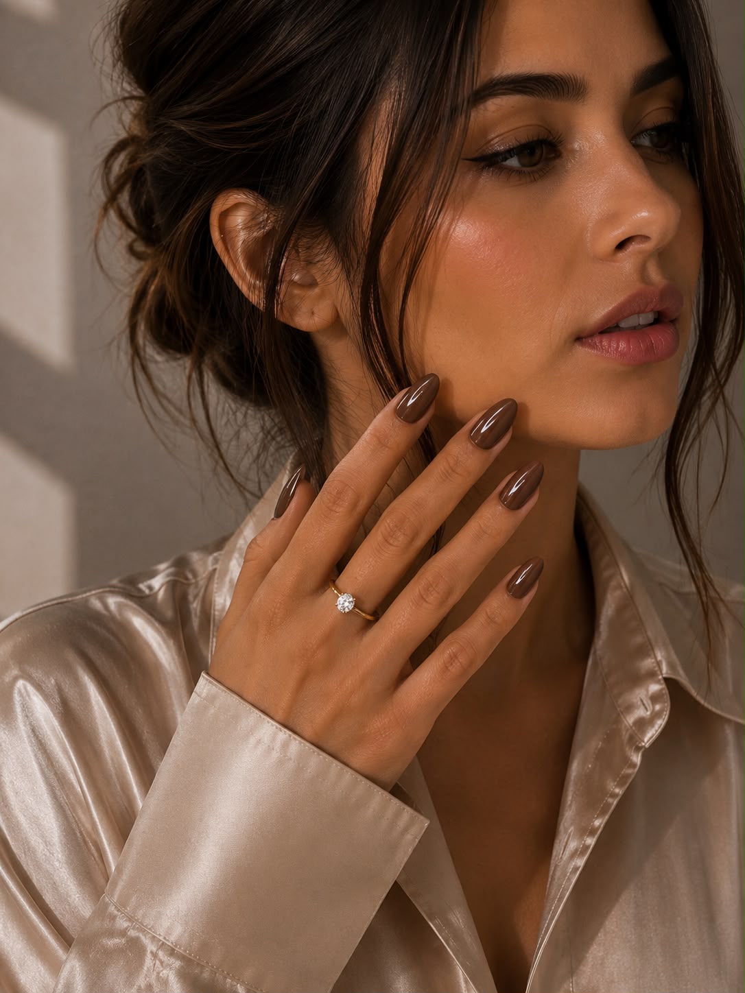 Rouge Royale – Kurze, mandelförmige (Short Almond) rote Press-On-Nägel mit glänzendem Finish, getragen von einem Model von Aimee STHLM