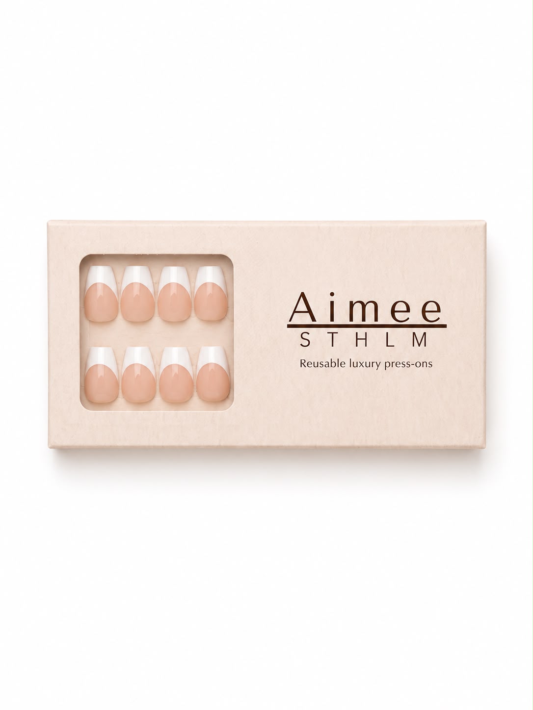 Parisian Picnic-Schachtel – Wiederverwendbare Kunstnägel mit French Manicure im Short-Pointe-Stil, verpackt in einer exklusiven Schachtel von Aimee STHLM
