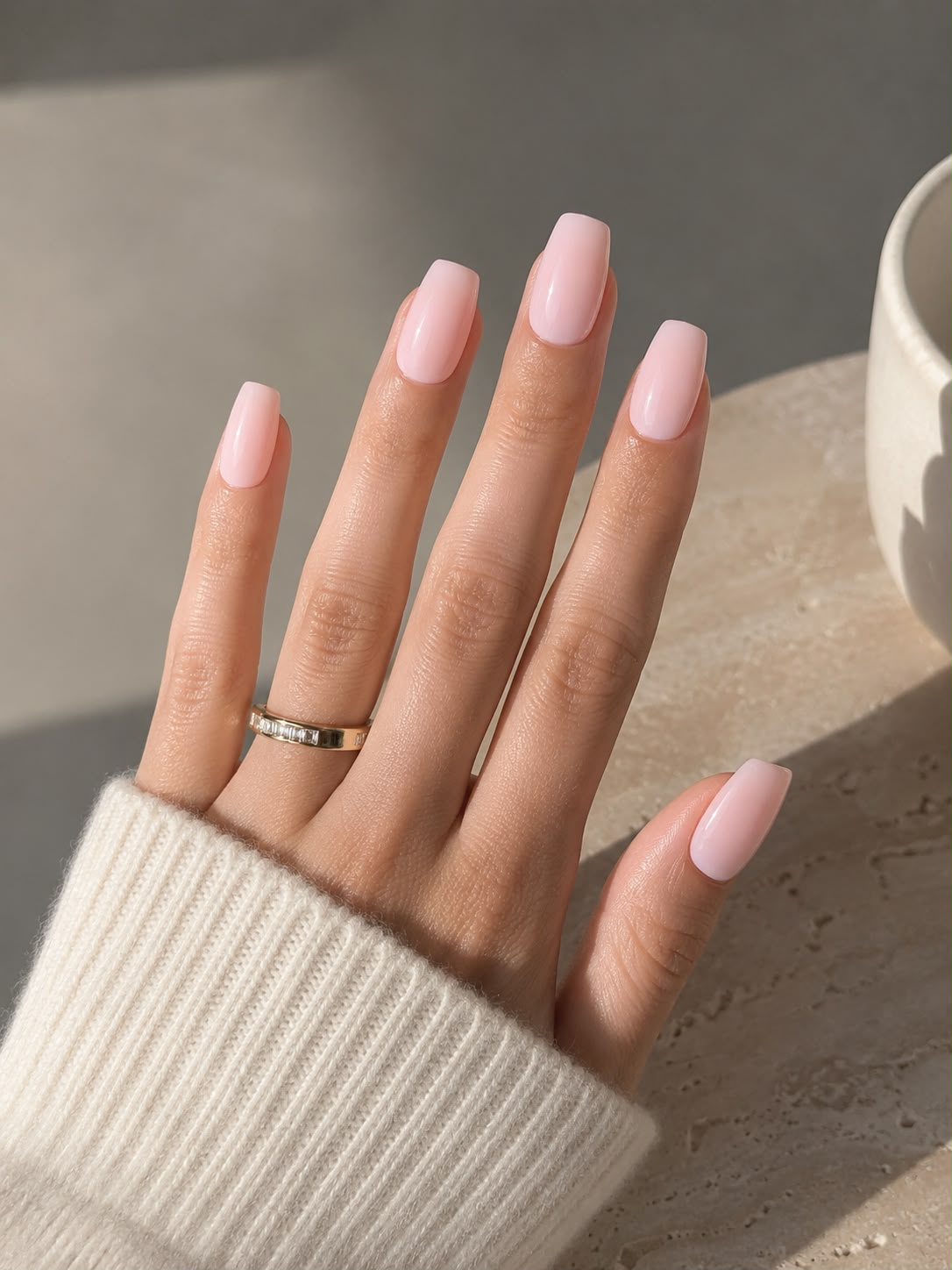 Kurze, hellrosa Press-on-Nägel in Pointe-Form von Pink Palette, kombiniert mit einem Strickpullover von Aimee STHLM