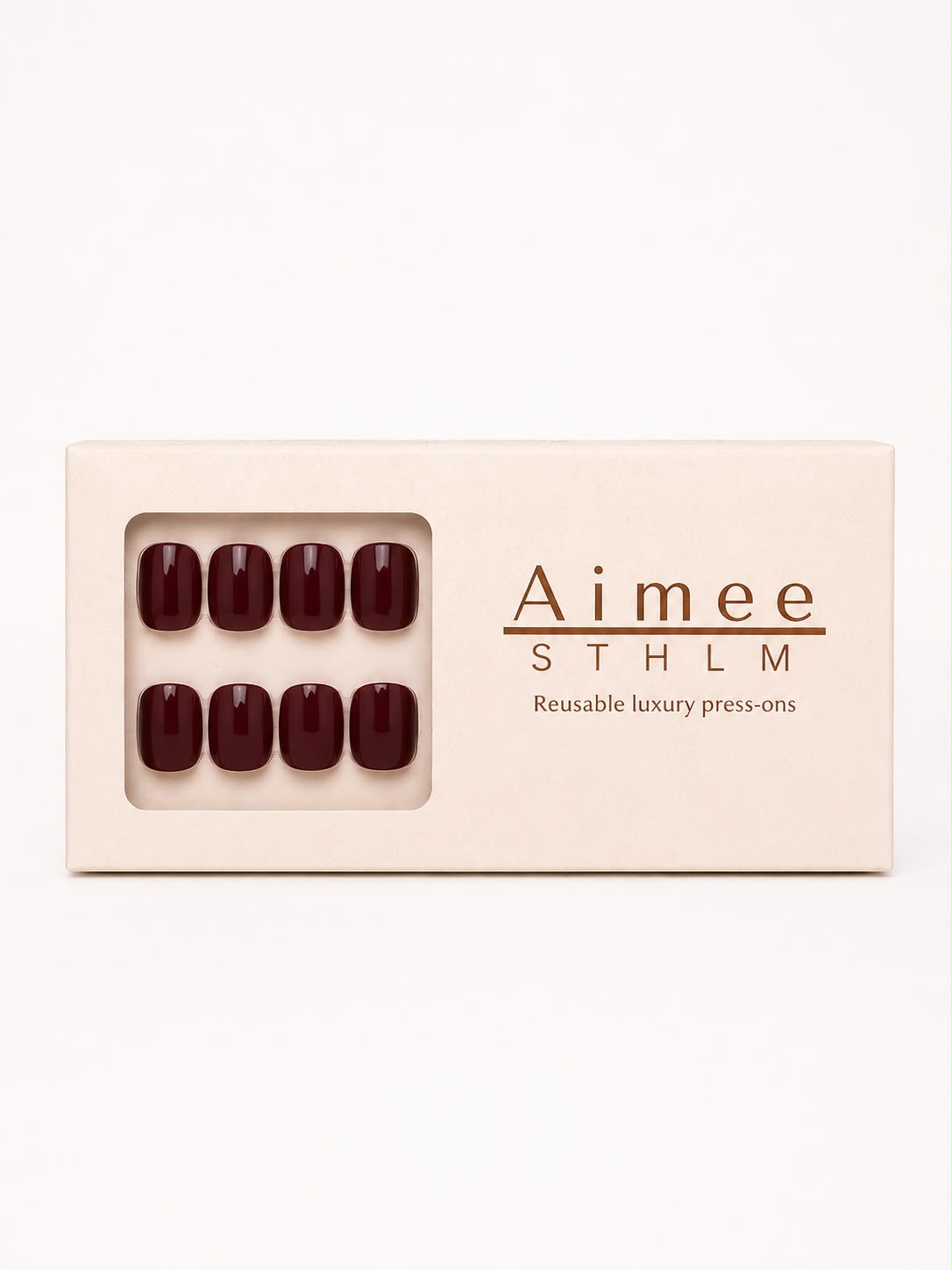 Plum Wine-æske – Genanvendelige, blommefarvede kunstige negle i Extra Short Square, pakket i en eksklusiv æske fra Aimee STHLM