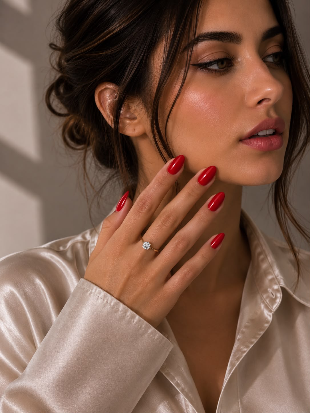 Rouge Royale – Kurze, mandelförmige (Short Almond) rote Press-on-Nägel mit glänzendem Finish, getragen von einem Model von Aimee STHLM