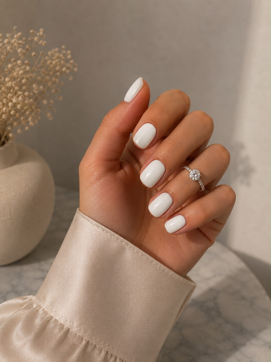Nahaufnahme der weißen „Snow Drop Square Extra Short“-Klebe-Nägel von Aimee STHLM