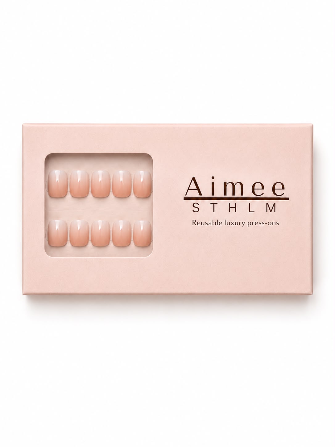 Soft Latte-Schachtel – Wiederverwendbare Ombré-Kunstnägel im Short-Square-Format, verpackt in einer exklusiven Schachtel. Press-on-Nägel von Aimee STHLM