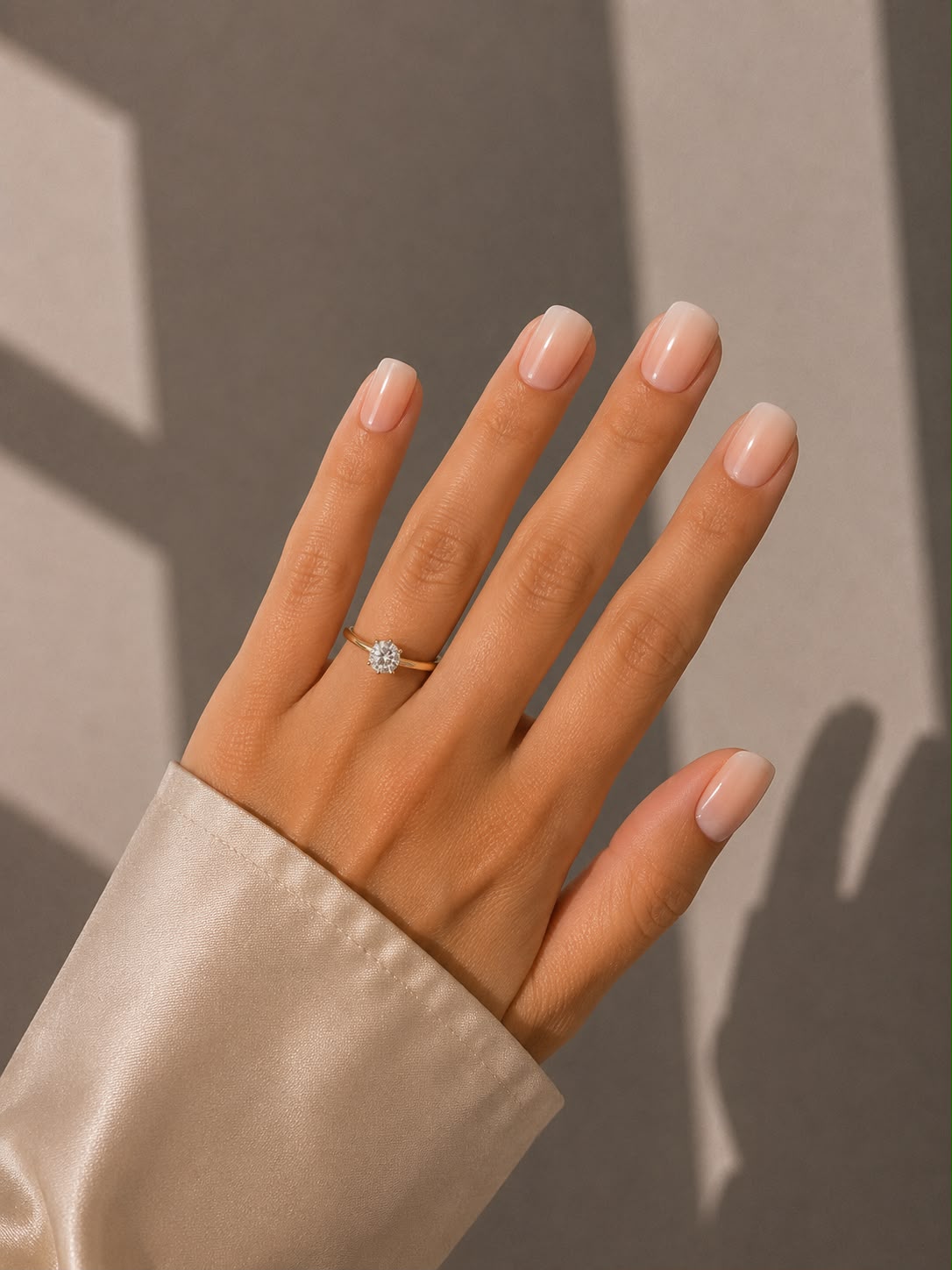 Soft Latte – Kurze, quadratische (Short Square) Press-On-Nägel in Nude-Ombré mit glänzendem Finish, von Hand aufgetragen, von Aimee STHLM