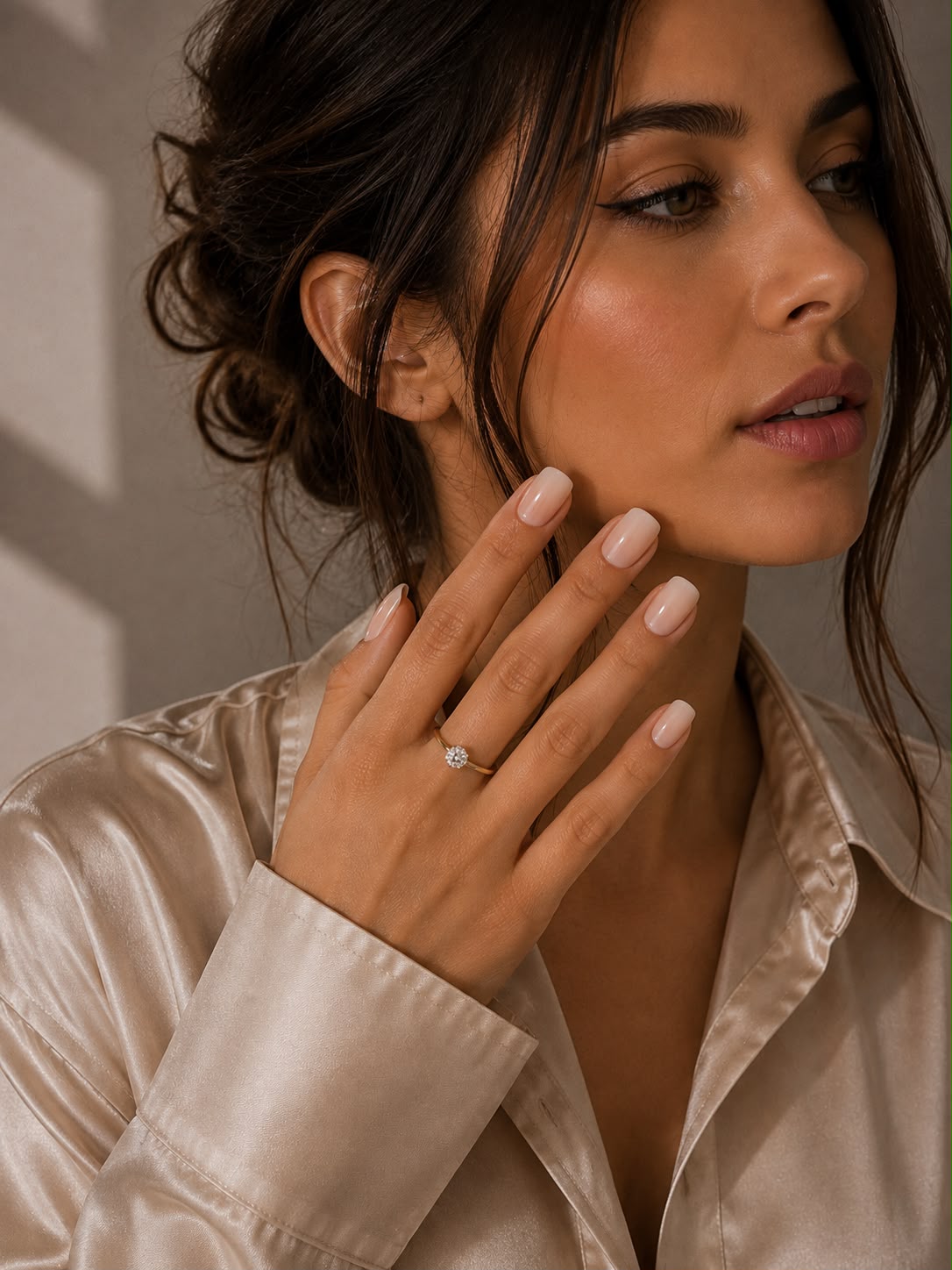 Model mit kurzen, quadratischen „Soft Latte“-Press-on-Nägeln in Nude-Ombré-Optik von Aimee STHLM
