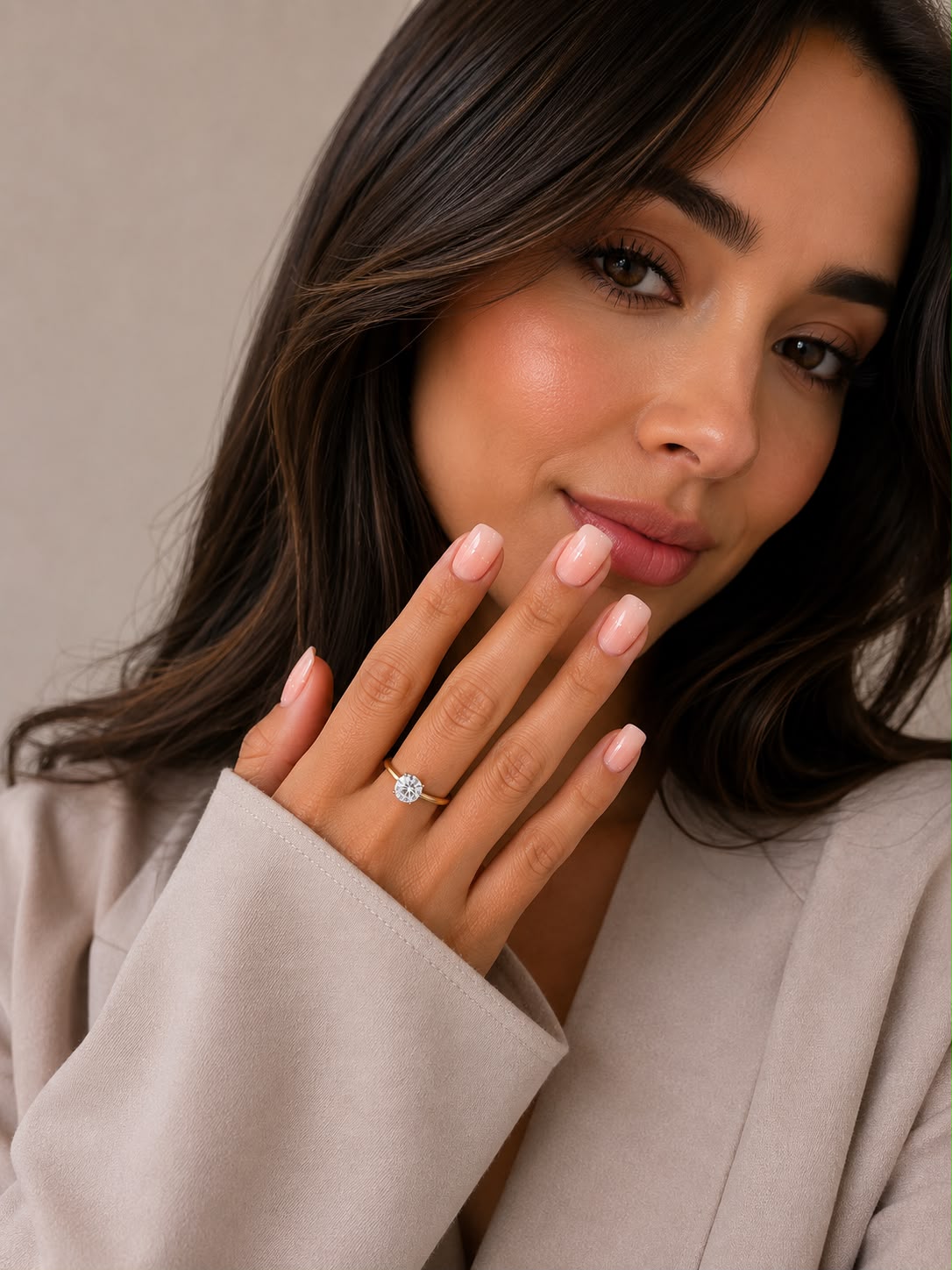 Model mit extra kurzen, quadratischen französischen Ombré-Klebe-Nägeln in der Farbe „Soft Nude“ von Aimee STHLM