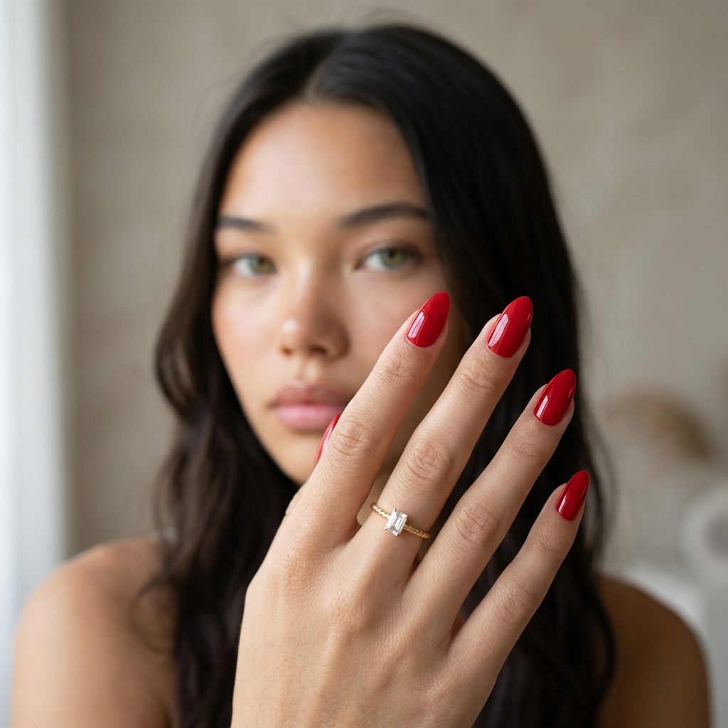 Model, der viser STHLM Rouge korte, mandelformede (short almond) røde press-on-negle fra Aimee STHLM